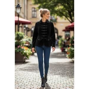 WHBM Black Velvet Military Blazer 4 Velvet Ruffle Trim Jacket Casual Chic Dressy